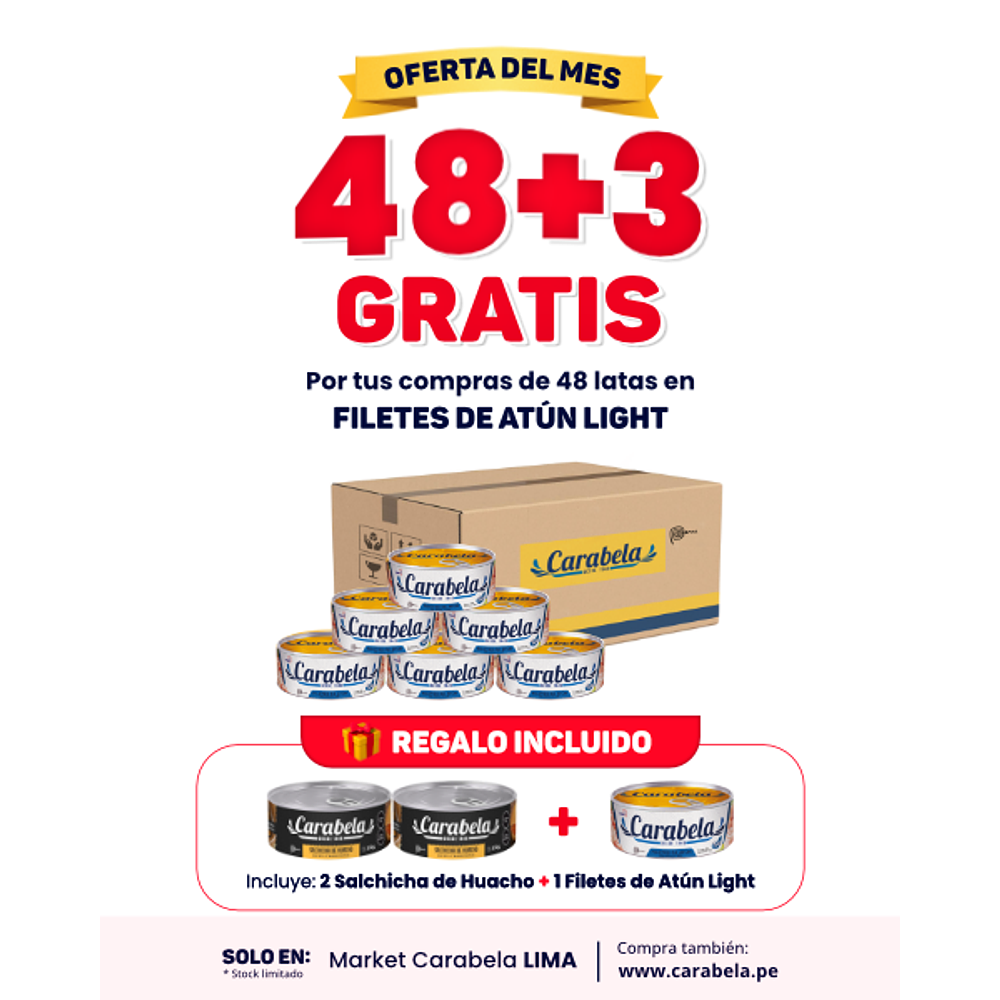  OFERTA DEL MES: Filetes de Atún en agua y sal Carabela - Caja x48 + 3 latas GRATIS