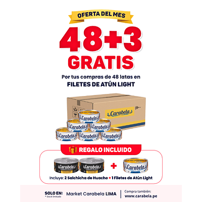  OFERTA DEL MES: Filetes de Atún en agua y sal Carabela - Caja x48 + 3 latas GRATIS