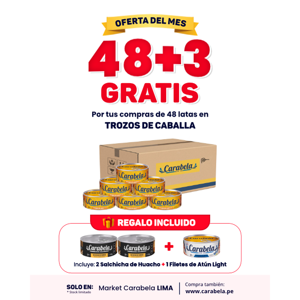  OFERTA DEL MES: Trozos de Caballa en aceite vegetal Carabela - Caja x48 + 3 latas GRATIS