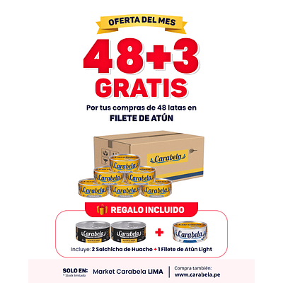 OFERTA DEL MES: Filetes de Atún en aceite vegetal Carabela - Caja x48 + 3 latas GRATIS
