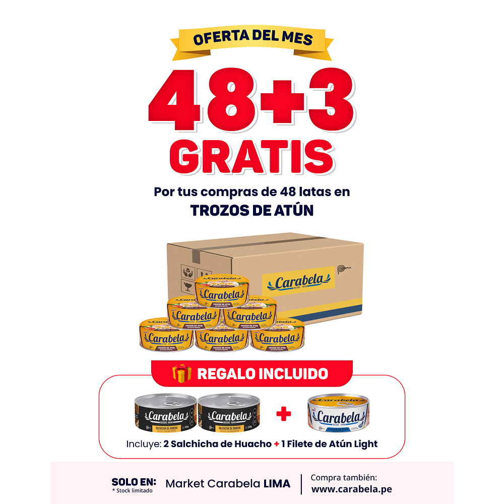 OFERTA DEL MES: Trozos de Atún en aceite vegetal Carabela - Caja x48 + 3 latas GRATIS