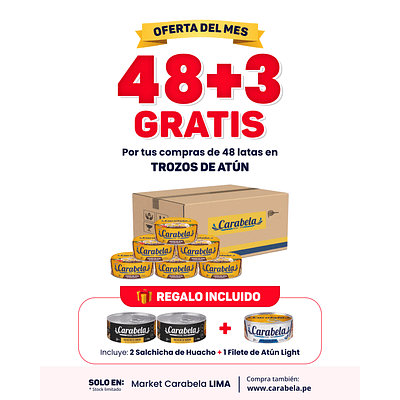 OFERTA DEL MES: Trozos de Atún en aceite vegetal Carabela - Caja x48 + 3 latas GRATIS