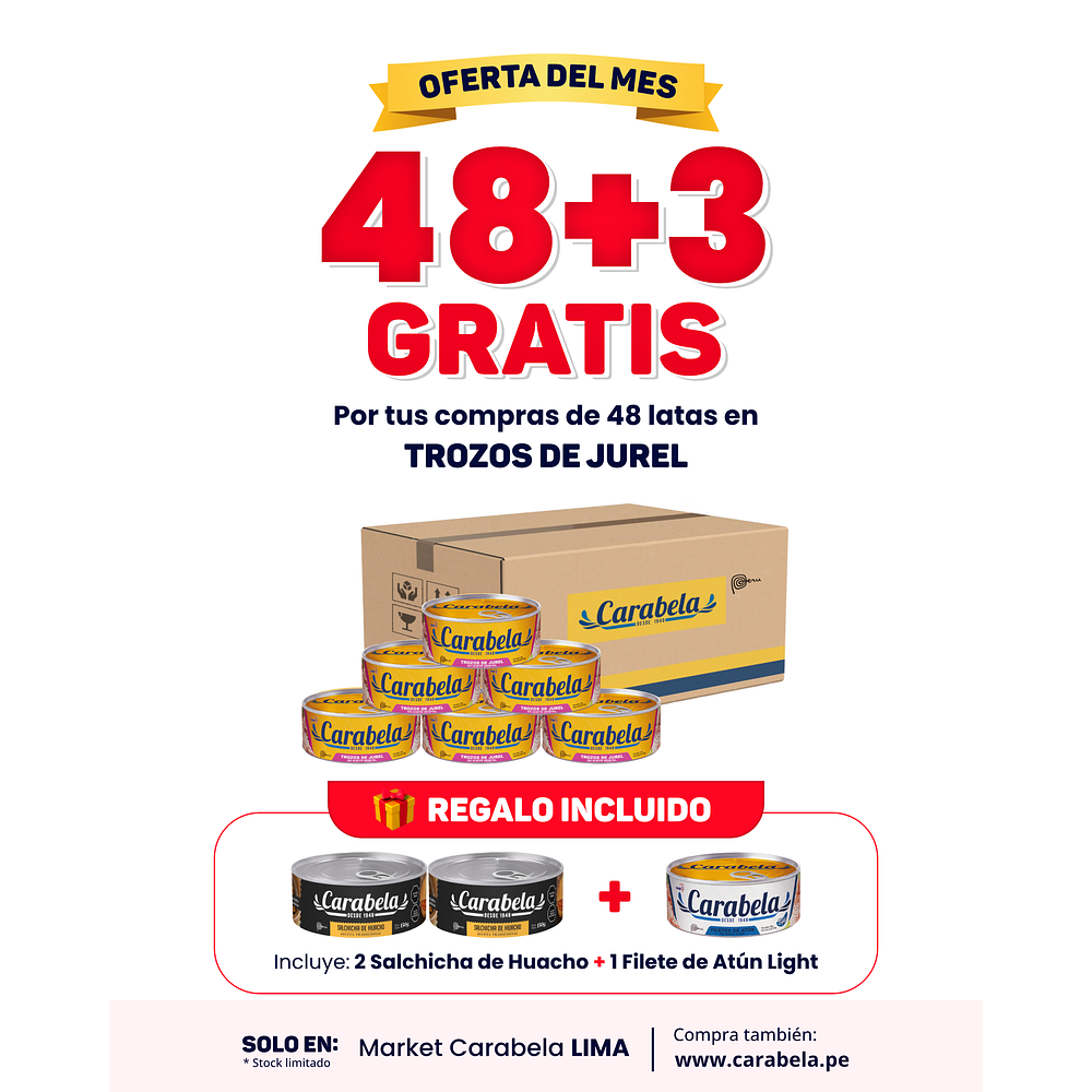 OFERTA DEL MES: Trozos de Jurel en aceite vegetal Carabela - Caja x48 + 3 latas GRATIS