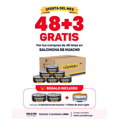  OFERTA DEL MES: Salchicha Huachana Carabela - Caja x48 + 3 latas GRATIS