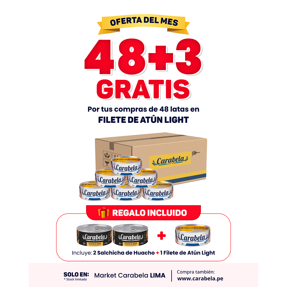  OFERTA DEL MES: Filetes de Atún en agua y sal Carabela - Caja x48 + 3 latas GRATIS