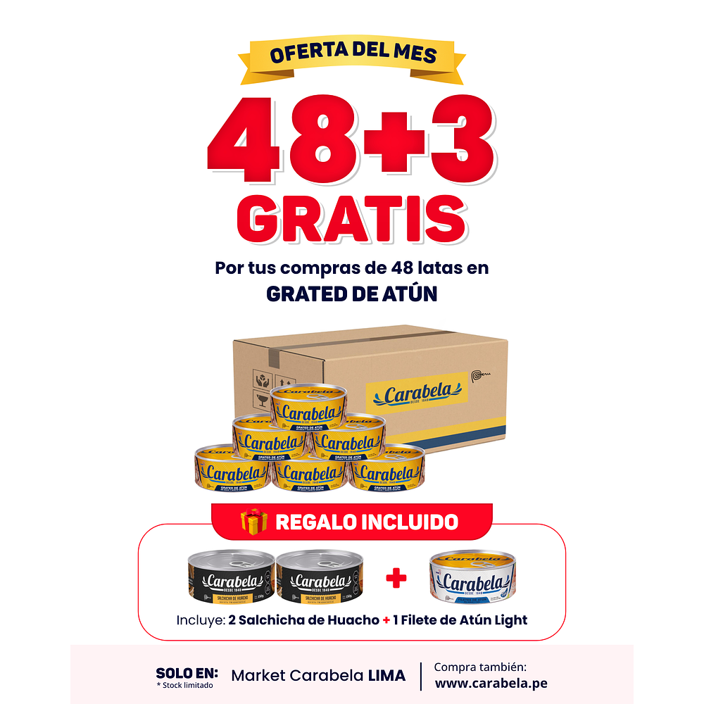OFERTA DEL MES: Grated de atún en aceite vegetal Carabela - Caja x48 + 3 latas GRATIS