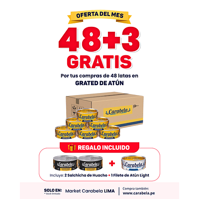 OFERTA DEL MES: Grated de atún en aceite vegetal Carabela - Caja x48 + 3 latas GRATIS
