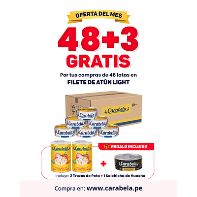 OFERTA DEL MES: Filetes de Atún en agua y sal Carabela - Caja x48+ 3 latas GRATIS