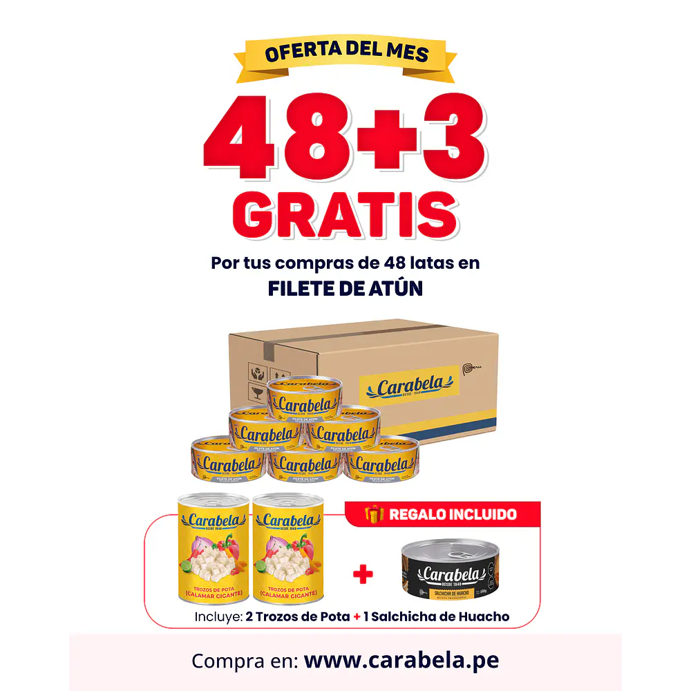 OFERTA DEL MES: Filetes de Atún en aceite vegetal Carabela - Caja x48+ 3 latas GRATIS