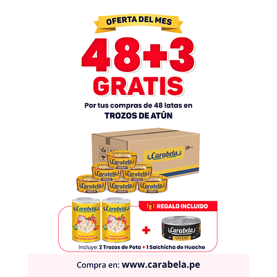 OFERTA DEL MES: Trozos de Atún en aceite vegetal Carabela - Caja x48+ 3 latas GRATIS