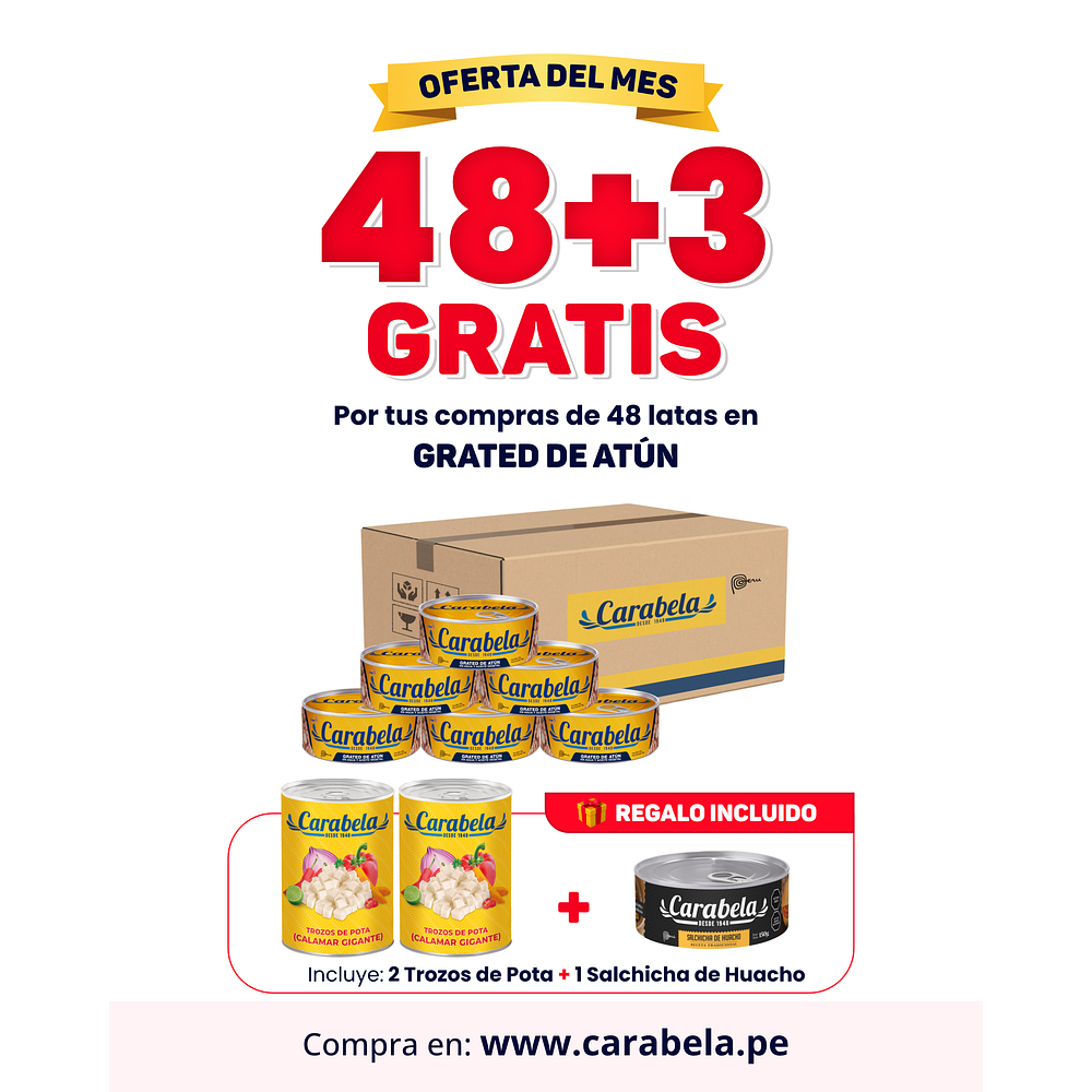 OFERTA DEL MES : Grated de atún en aceite vegetal Carabela - Caja x48+ 3 latas GRATIS