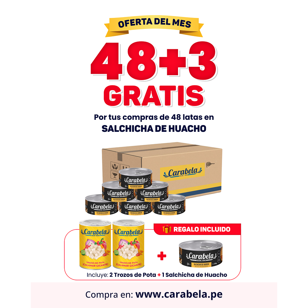 OFERTA DEL MES : Salchicha Huachana Carabela - Caja x48 + 3 latas GRATIS