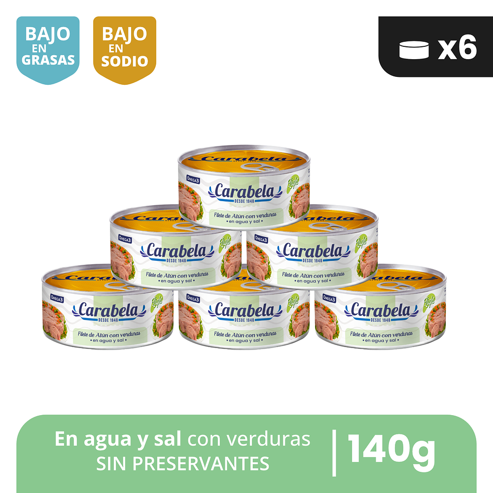 Filetes de Atún con verduras en agua y sal Carabela - Pack x6