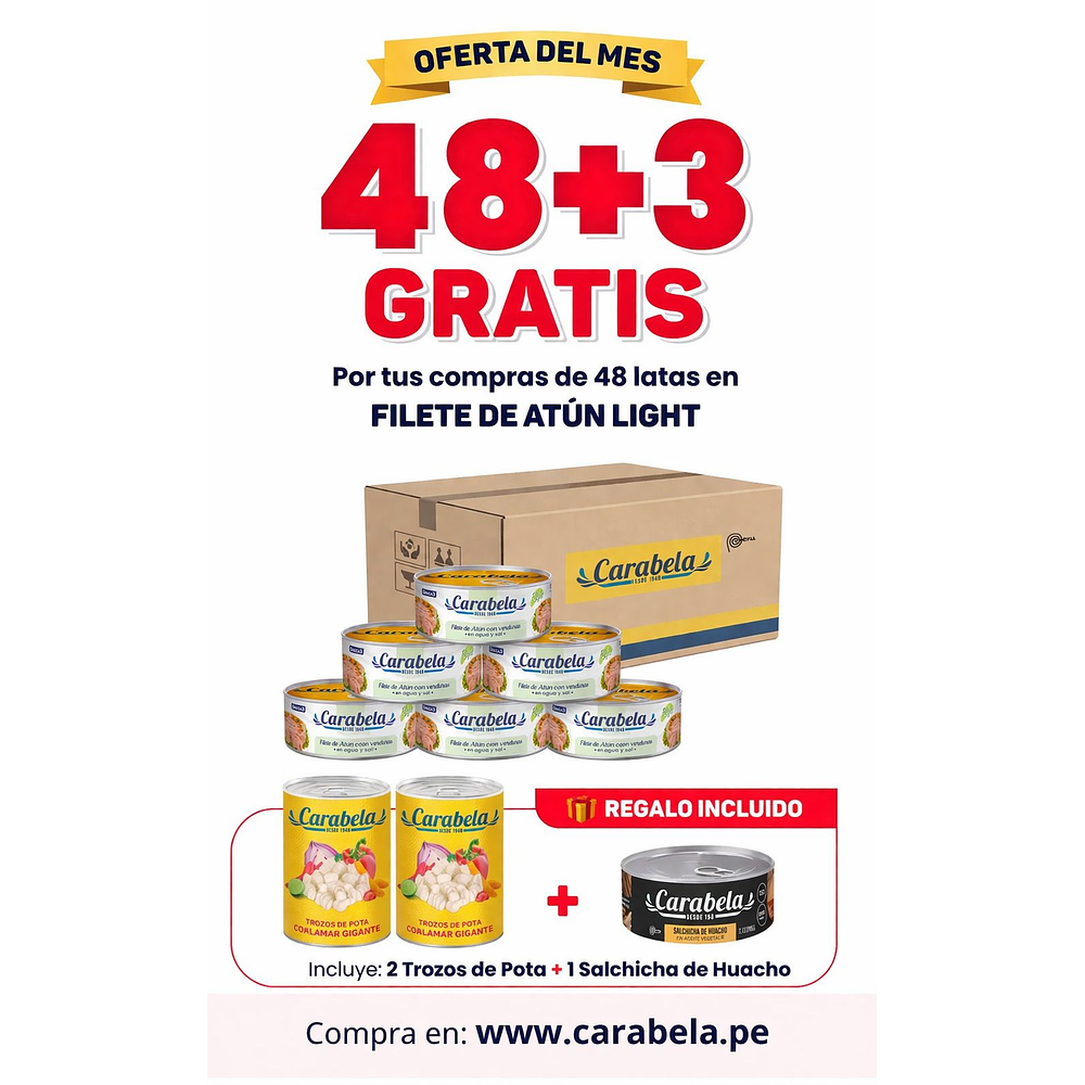 OFERTA DEL MES: Filetes de Atún con verduras en agua y sal Carabela - Caja x48+ 3 latas GRATIS