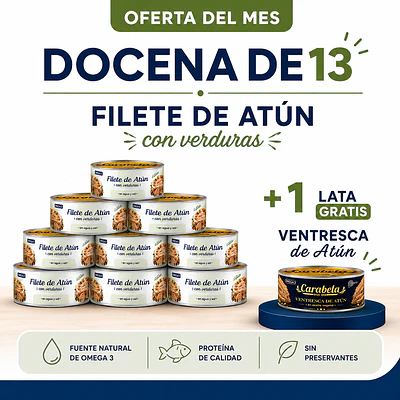 OFERTA DEL MES: Filetes de Atún con verduras en agua y sal Carabela - Pack x12 +1 ventresca de atún GRATIS