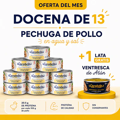 OFERTA DEL MES: Conserva de Carne de Pechuga de Pollo Carabela – Pack x12 +1 ventresca de atún GRATIS