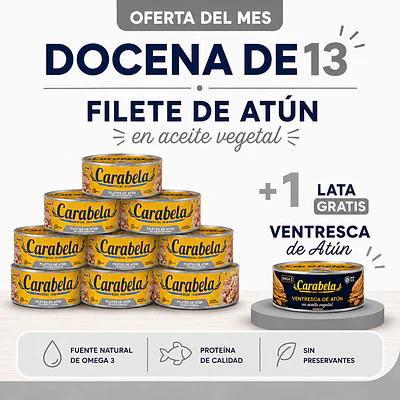 OFERTA DEL MES: Filetes de Atún en aceite vegetal Carabela - Pack x12 +1 ventresca de atún GRATIS
