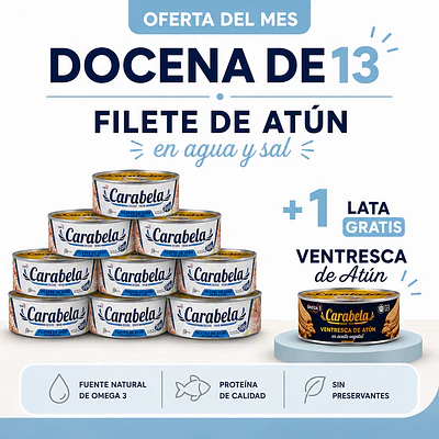 OFERTA DEL MES: Filetes de Atún en agua y sal Carabela - Pack x12 +1 ventresca de atún GRATIS