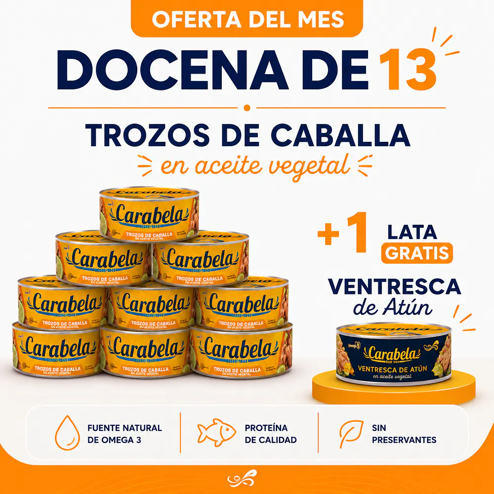 OFERTA DEL MES: Trozos de Caballa en aceite vegetal Carabela - Pack x12 + 1 lata GRATIS