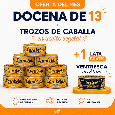 OFERTA DEL MES: Trozos de Caballa en aceite vegetal Carabela - Pack x12 + 1 lata GRATIS