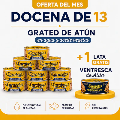 OFERTA DEL MES: Grated de atún en aceite vegetal Carabela - Pack x12 +1 ventresca de atún GRATIS