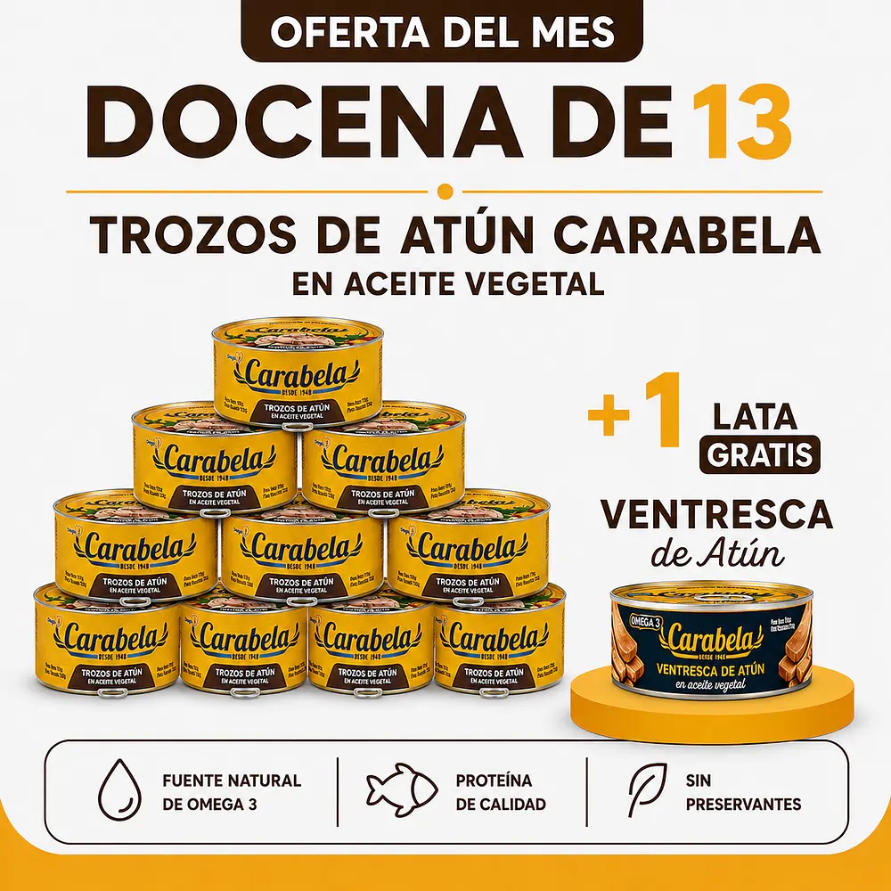 OFERTA DEL MES CARABELA: Trozos de Atún en aceite vegetal Carabela - Pack x12 + 1 Ventresca de atún GRATIS