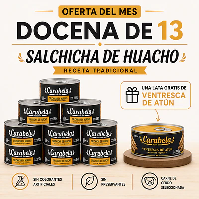OFERTA DEL MES: Salchicha de Huacho Carabela - Pack x12 +1 ventresca de atún GRATIS