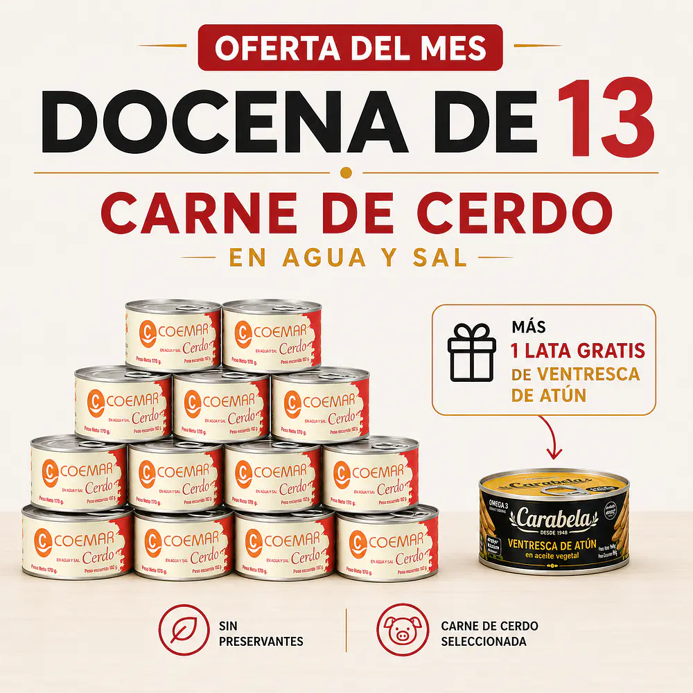 OFERTA DEL MES: Conserva de Carne de Cerdo en agua y sal Pack x12 +1 ventresca de atún GRATIS
