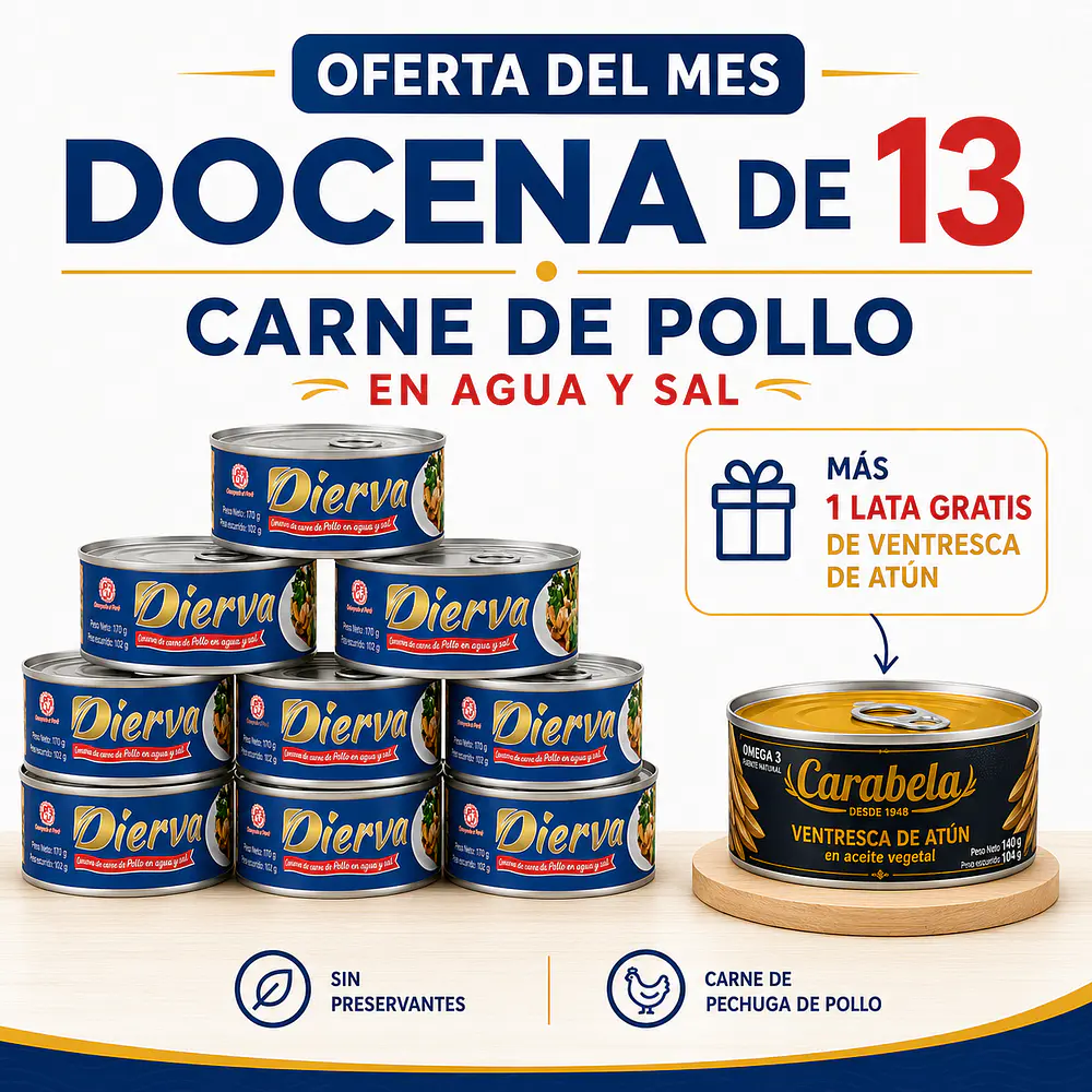 OFERTA DEL MES: Conserva de Pollo en agua y sal Pack x12 +1 ventresca de atún GRATIS