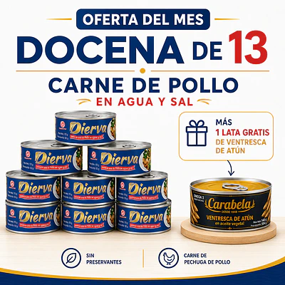 OFERTA DEL MES: Conserva de Pollo en agua y sal Pack x12 +1 ventresca de atún GRATIS
