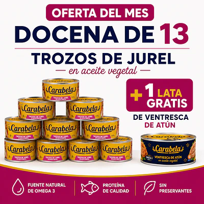 OFERTA DEL MES: Trozos de Jurel en aceite vegetal Carabela - Pack x12 +1 ventresca de atún GRATIS
