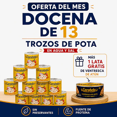 OFERTA DEL MES: Trozos de calamar gigante (pota) en agua, pack x12 +1 ventresca de atún GRATIS