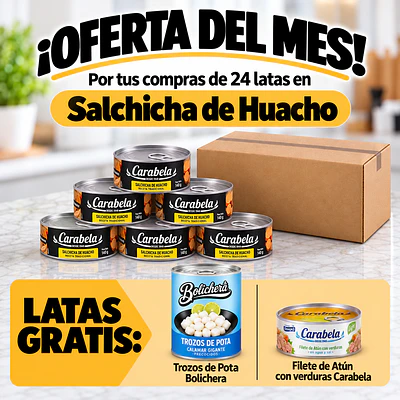 OFERTA DEL MES: Salchicha de Huacho Carabela - Caja x24+2 latas GRATIS