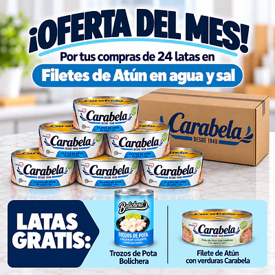 OFERTA DEL MES: Filetes de Atún en agua y sal Carabela - Caja x24+2 latas GRATIS