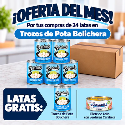 OFERTA DEL MES: Trozos de Pota Bolichera Caja x24+2 latas GRATIS