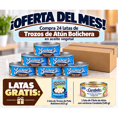 OFERTA DEL MES: Conserva de Trozos de Atún en aceite vegetal Bolichera caja X24+2 latas GRATIS