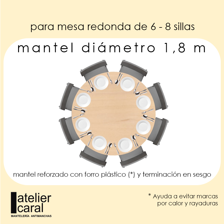 BEIGE<br><br>mantel redondo<br><strong>diámetro 1,8 m</strong><br>doble protección<br><mark><strong>con</strong></mark> forro plástico