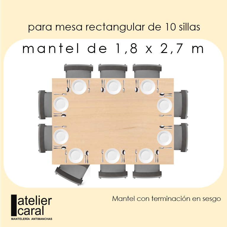FILODENDROS<br>GRIS<br>mantel rectangular<br><strong>1,8 x 2,7 m</strong><br>repelente a líquidos<br><mark><strong>sin</strong></mark> forro plástico