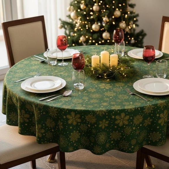 NAVIDAD COPOS 🎄 VERDE 🎄 mantel redondo diámetro 1,8 m