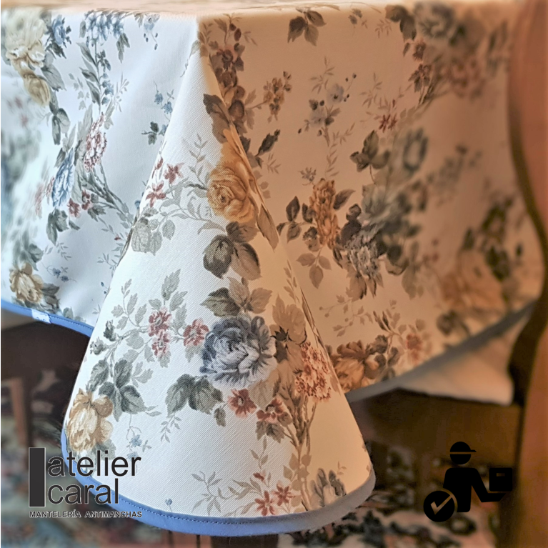 ROSAS azules mantel largo 3,7 m antimanchas