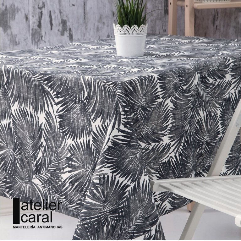 PALMERAS negro mantel largo 3,7 m antimanchas