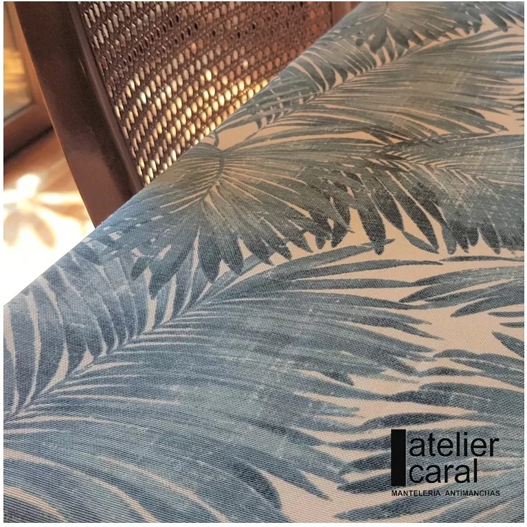 PALMERAS azul mantel largo 3,7 m antimanchas