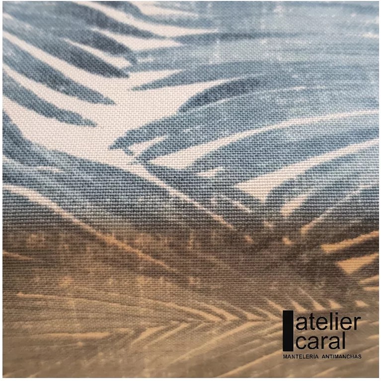 PALMERAS azul mantel largo 3,2 m antimanchas