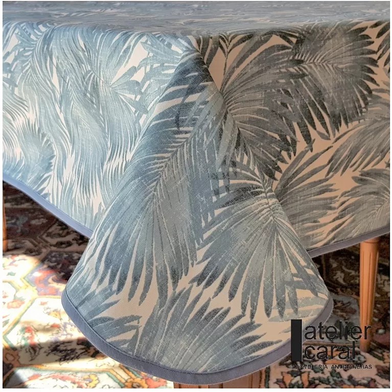 PALMERAS azul mantel largo 3,2 m antimanchas