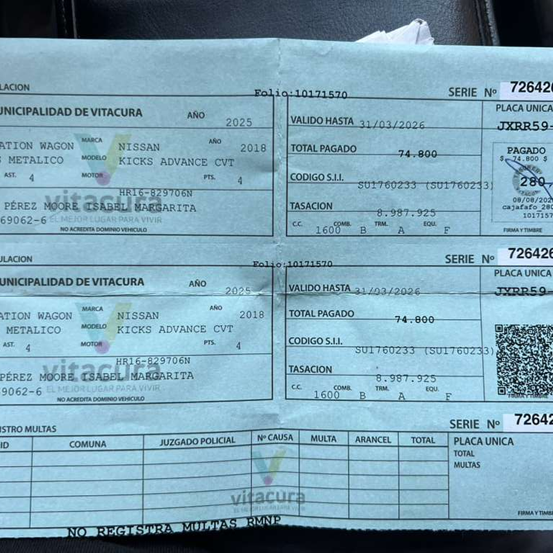 NISSAN KICKS ADVANCE / AÑO 2018 / 98000KM / 4X2 / AUTOMATICA / BENCINA 20