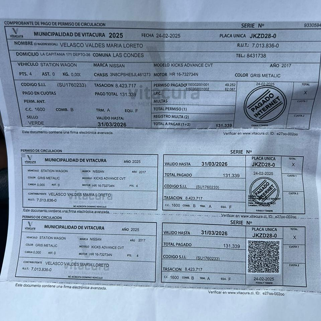 NISSAN KICKS ADVANCE / AÑO 2017 / 86000KM / 4X2 / AUTOMATICA / BENCINA 18