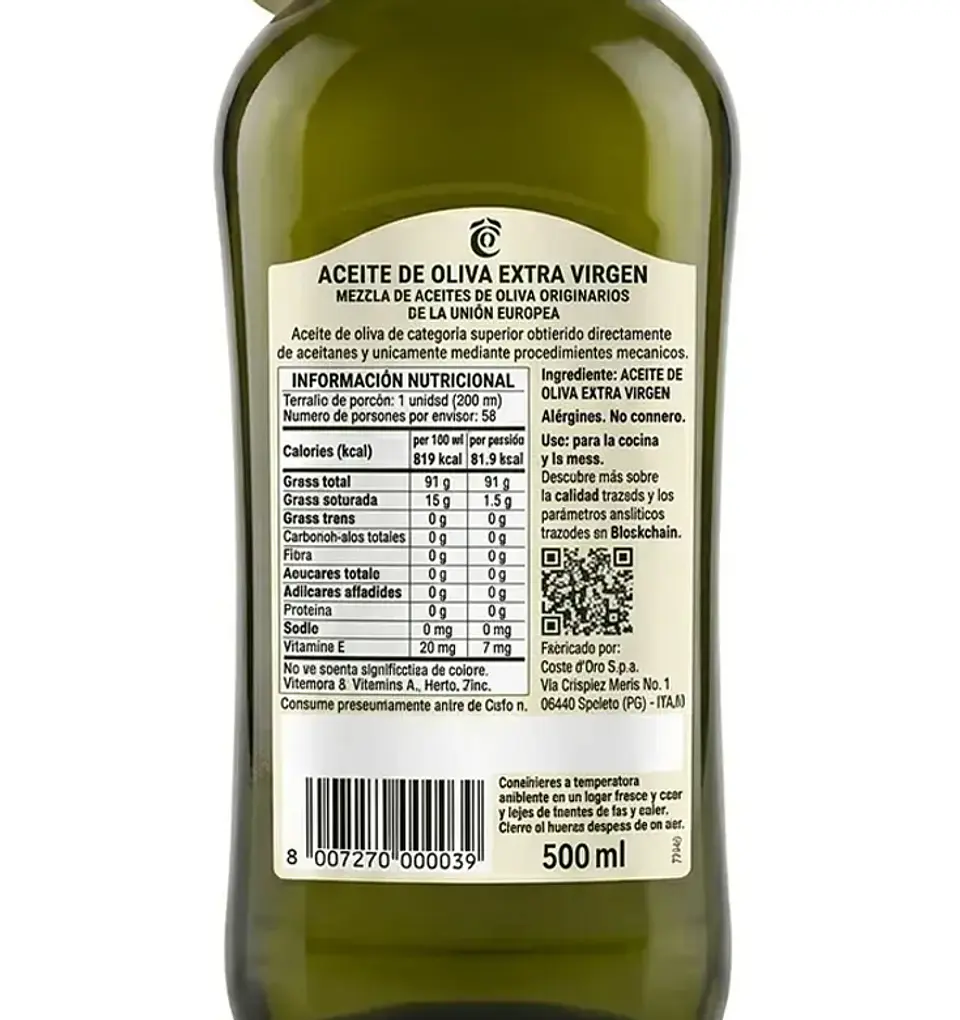 Aceite De Oliva Extra Virgen Costa D'oro Prensado en Frio 500 ml. 4