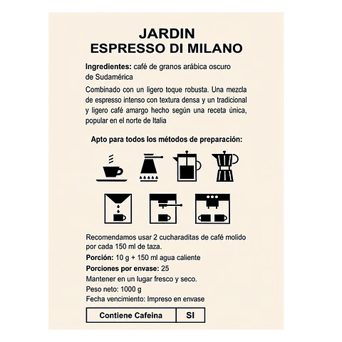 Café Jardin Espresso en Grano Di Milano 1 Kg. 