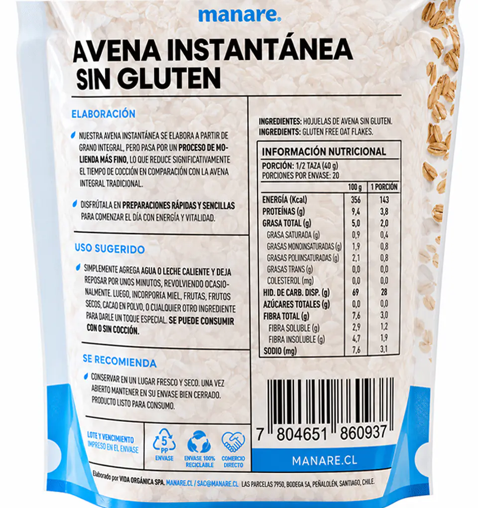 Avena Instantánea Sin Gluten Manare 800 Gr 3