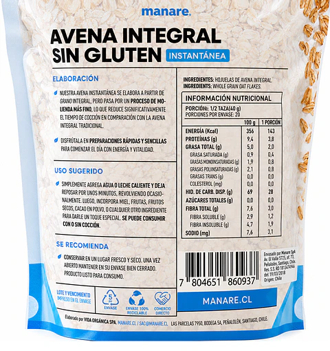 Avena Integral  Sin Gluten 800 G - Manare